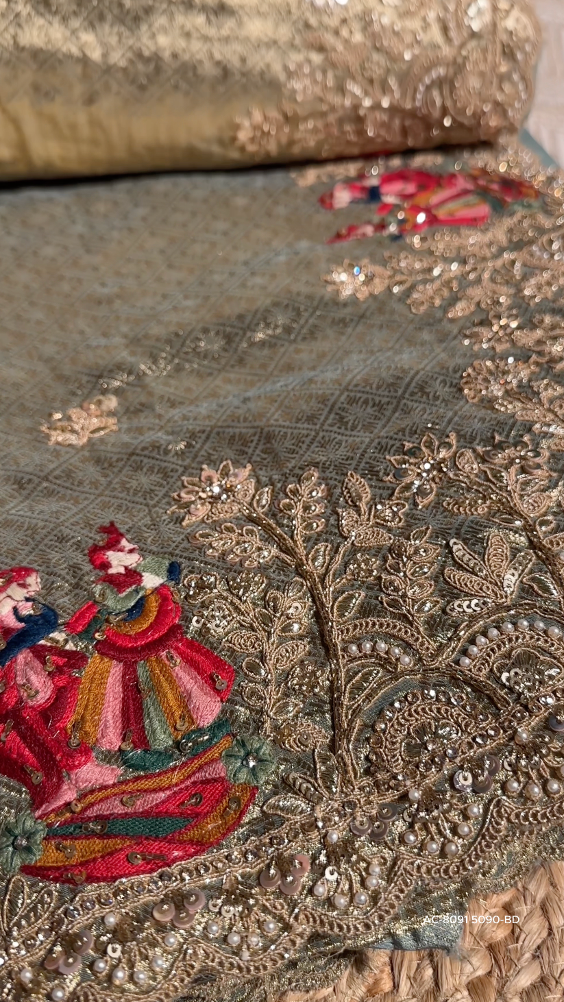 Sage Green Pure Tissue Banarasi Unstitched Saree with Sequins, Zari, Moti & Dori Work